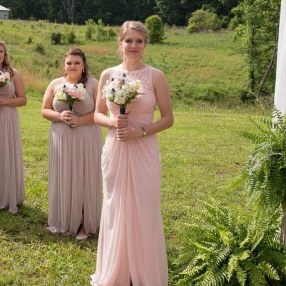 Light pink David's bridal bridesmaid gown.